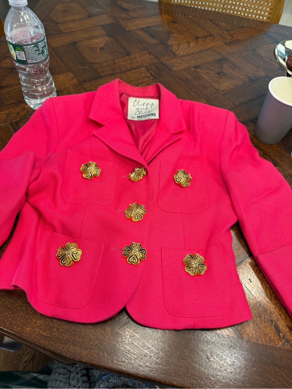Moschino Hot Pink Cropped Blazer with Gold Floral Buttons